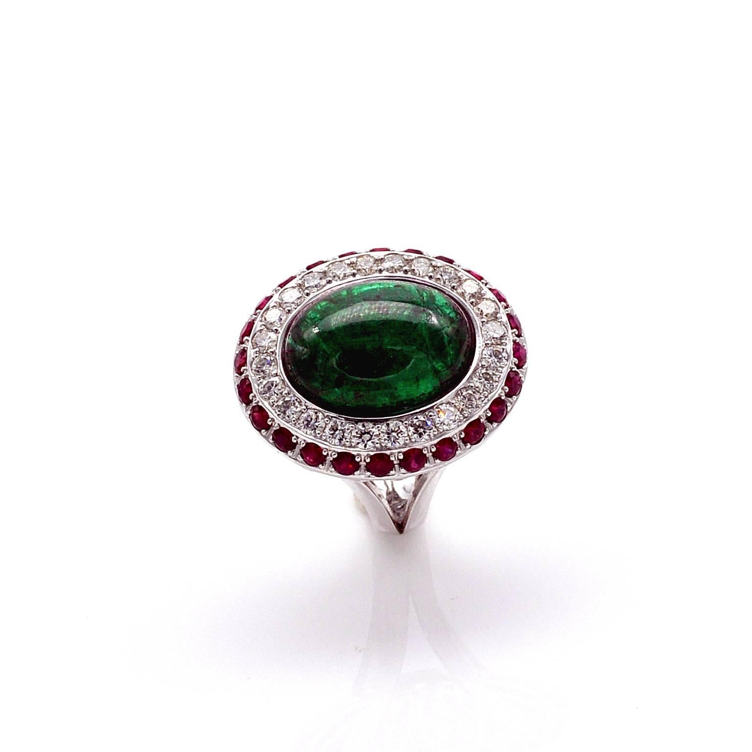 Modern 16.09 Carat Cabochon Emerald Ruby Diamond Gold Ring