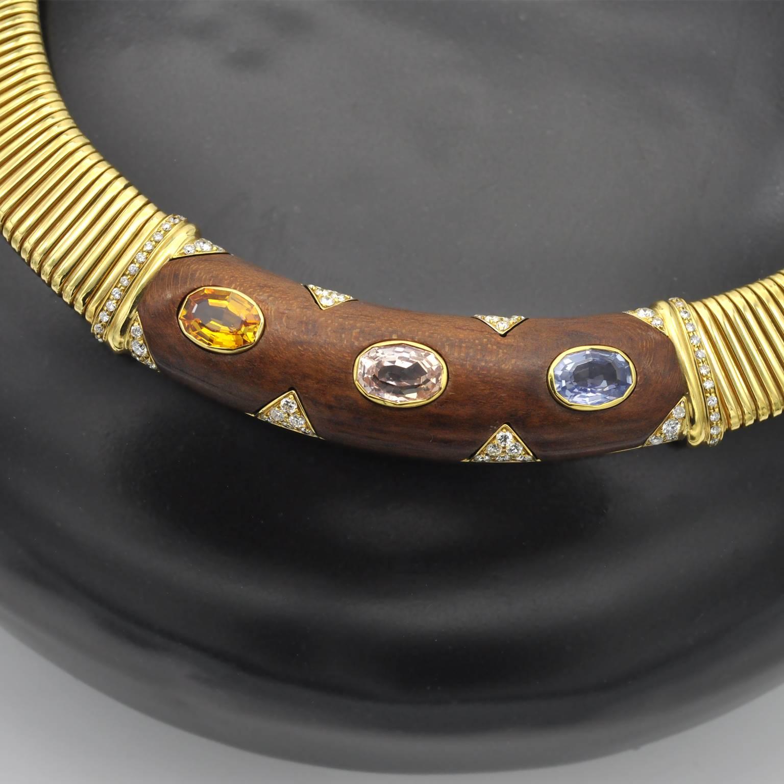 Modern Sapphire Diamond and Wood 18 Karat Gold Tubogas Choker Necklace