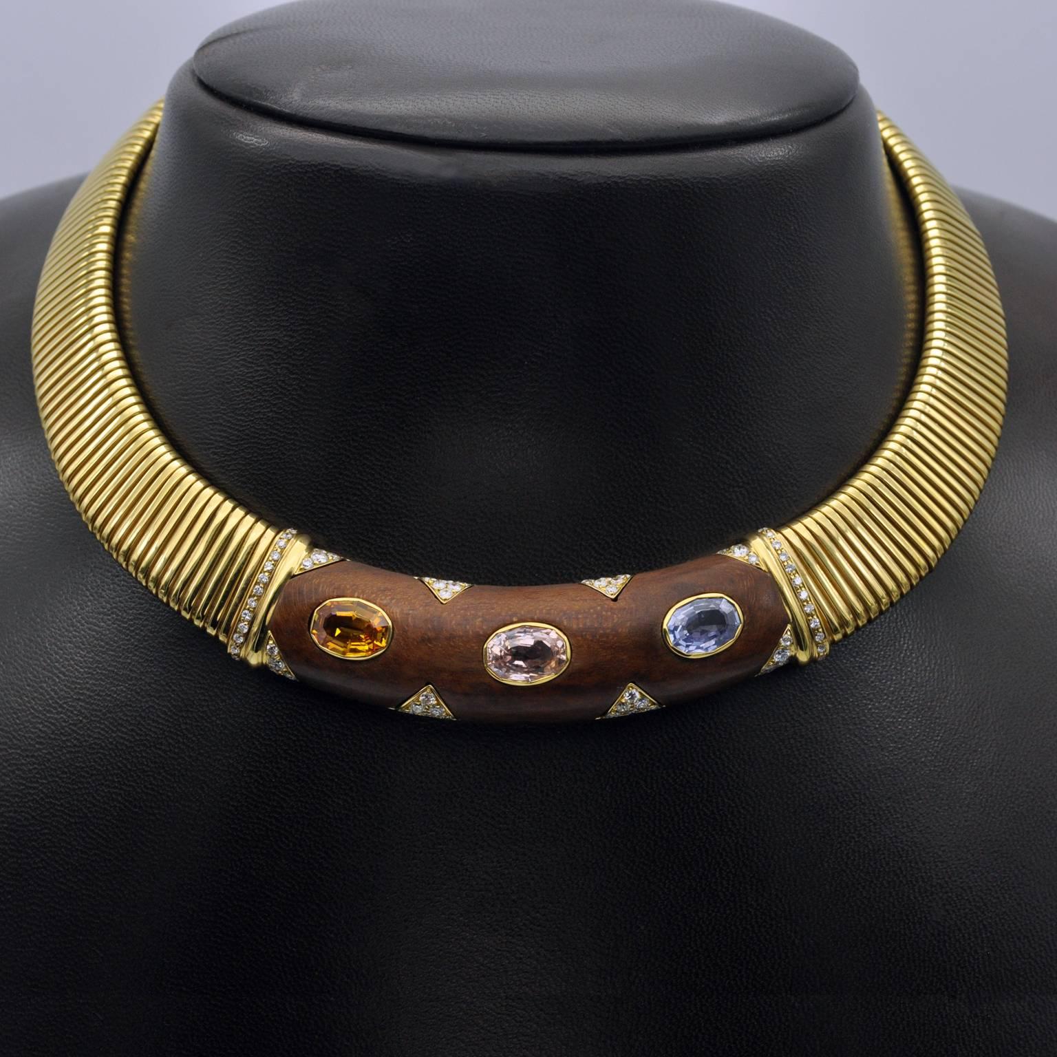 Women's or Men's Sapphire Diamond and Wood 18 Karat Gold Tubogas Choker Necklace