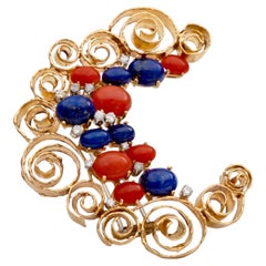 1970s Italian Modernist Coral Lapis Diamond 18k Gold Crescent Brooch