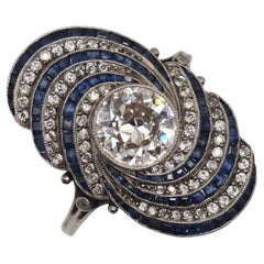 Art Deco Platinum Ring with Diamond and Sapphires, Circa 1930