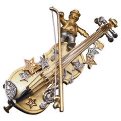 1990s Show Yamagata Diamond Violin Brooch in Platinum and 18K Gold