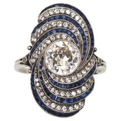 Art Deco Platinum Ring with Diamond and Sapphires, Circa 1930
