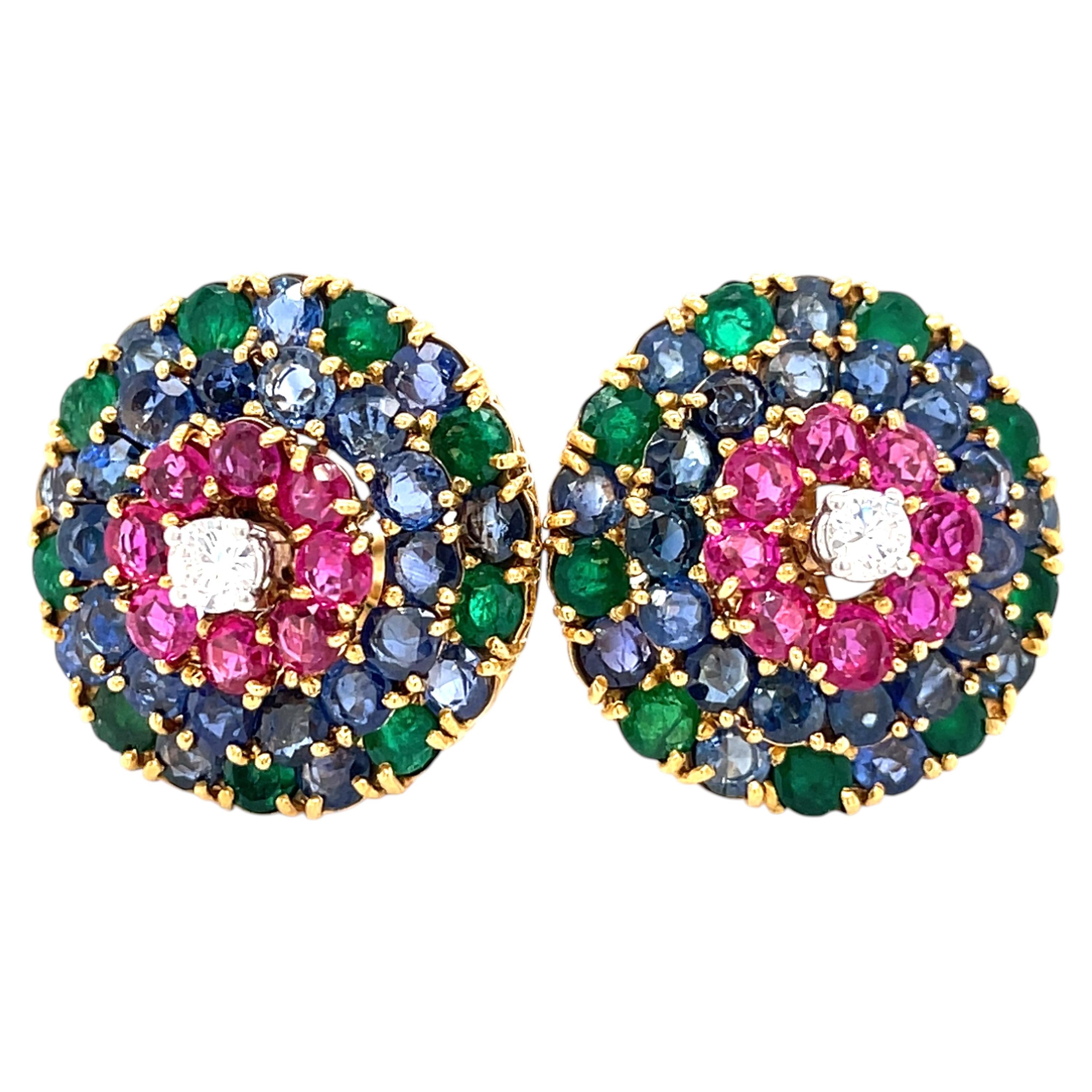 Cartier 18k Yellow Gold Ruby, Sapphire, Emerald, and Diamond Huggie Ear Clips