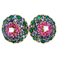 Cartier 18k Yellow Gold Ruby, Sapphire, Emerald, and Diamond Huggie Ear Clips