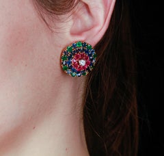Cartier 18k Yellow Gold Ruby, Sapphire, Emerald, and Diamond Huggie Ear Clips