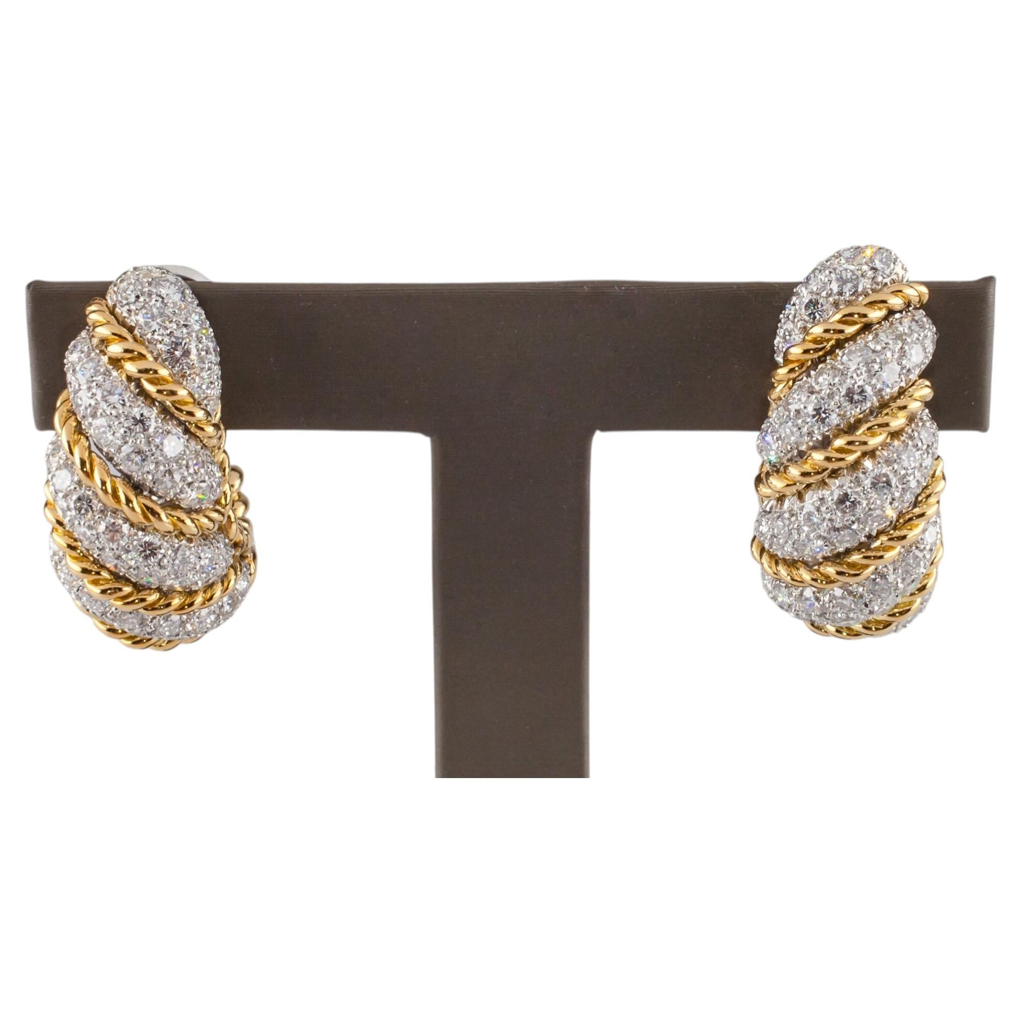 Vintage Van Cleef & Arpels Two-Tone 18k Gold Diamond Huggie Earrings TDW = 10 ct For Sale