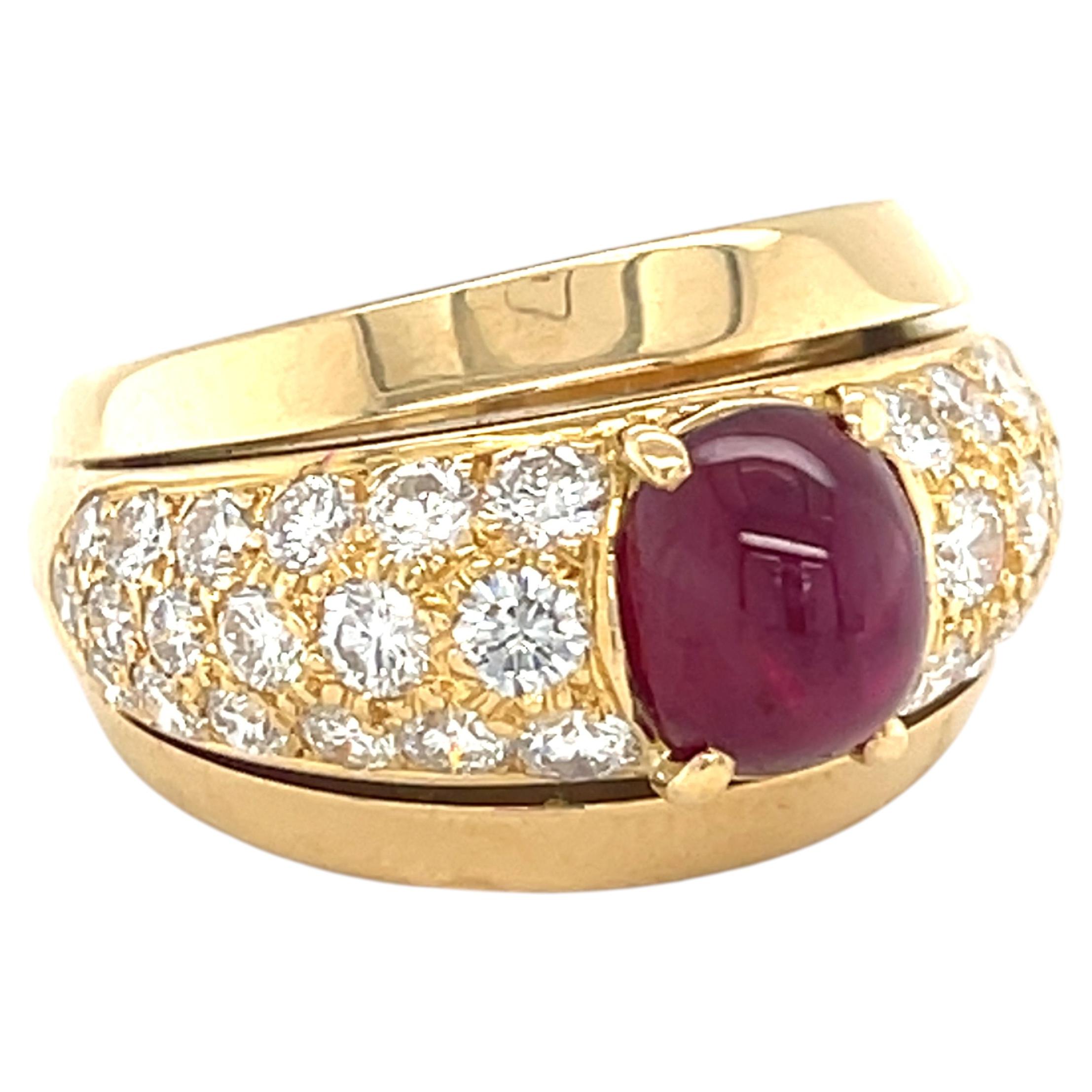 Cartier 18k Yellow Gold 2.25ct Cabochon Ruby 1.30ct Diamond Solitaire Ring Sz 6 For Sale
