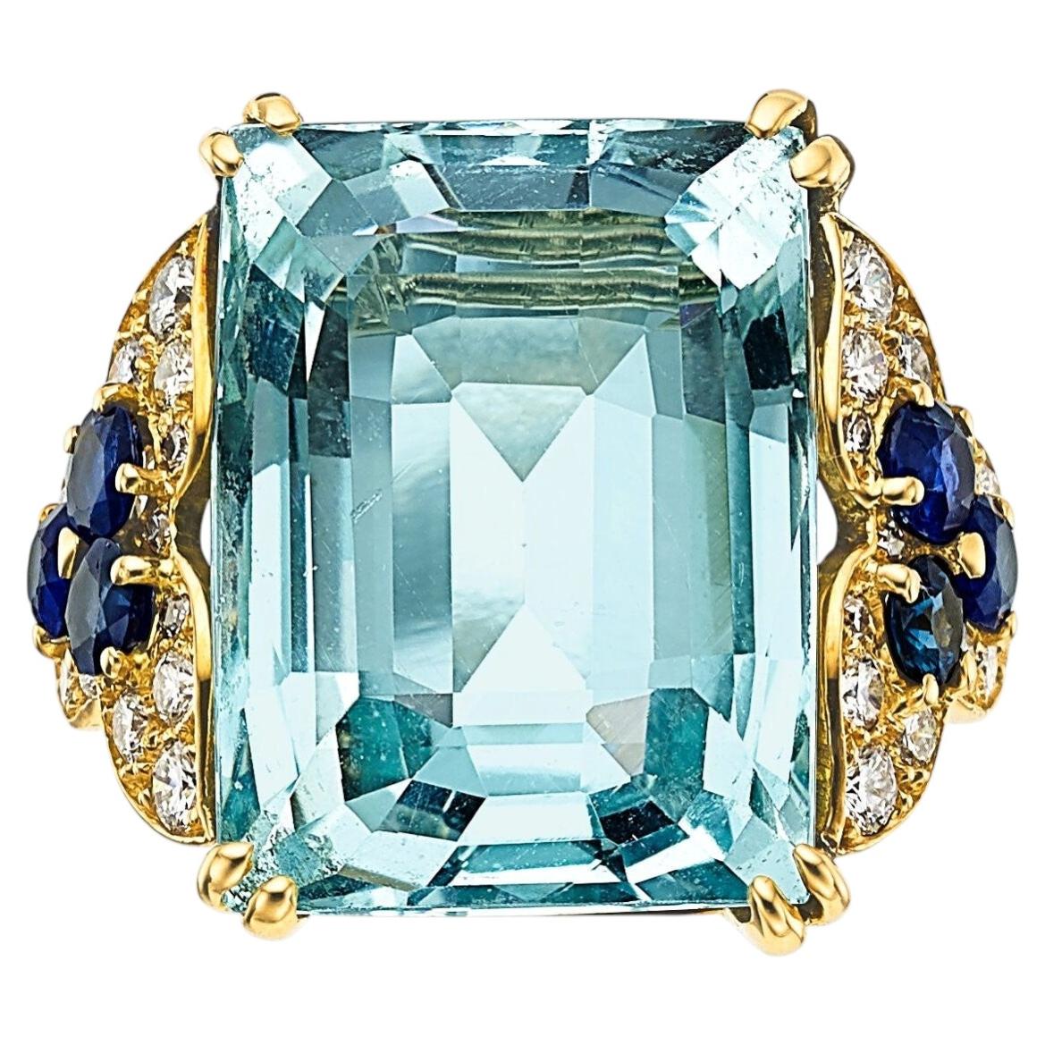 Monture Cartier Vintage Aquamarine Solitaire Ring in 18k Yellow Gold Size 7.5