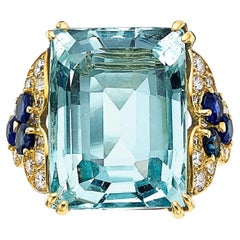 Bague solitaire vintage Cartier en or jaune 18 carats sertie d'une aigue-marine, taille 7,5