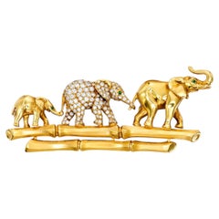 Cartier 18k Yellow Gold Elephant Family Brooch with Emerald & Diamond Accents