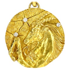 Tiffany & Co. 18k Yellow Gold Capricorn Medallion Pendant w/ Diamonds 44 mm