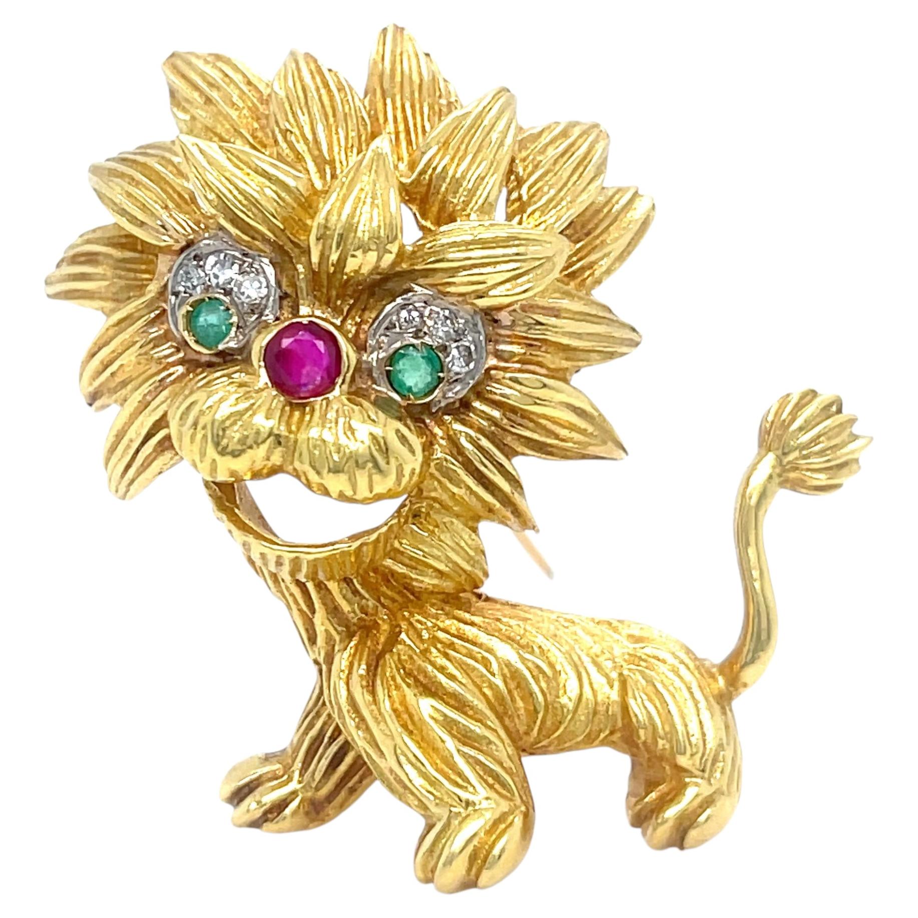 Cartier 18k Gold Emerald, Ruby and Diamond Lion Dragon Brooch Vintage