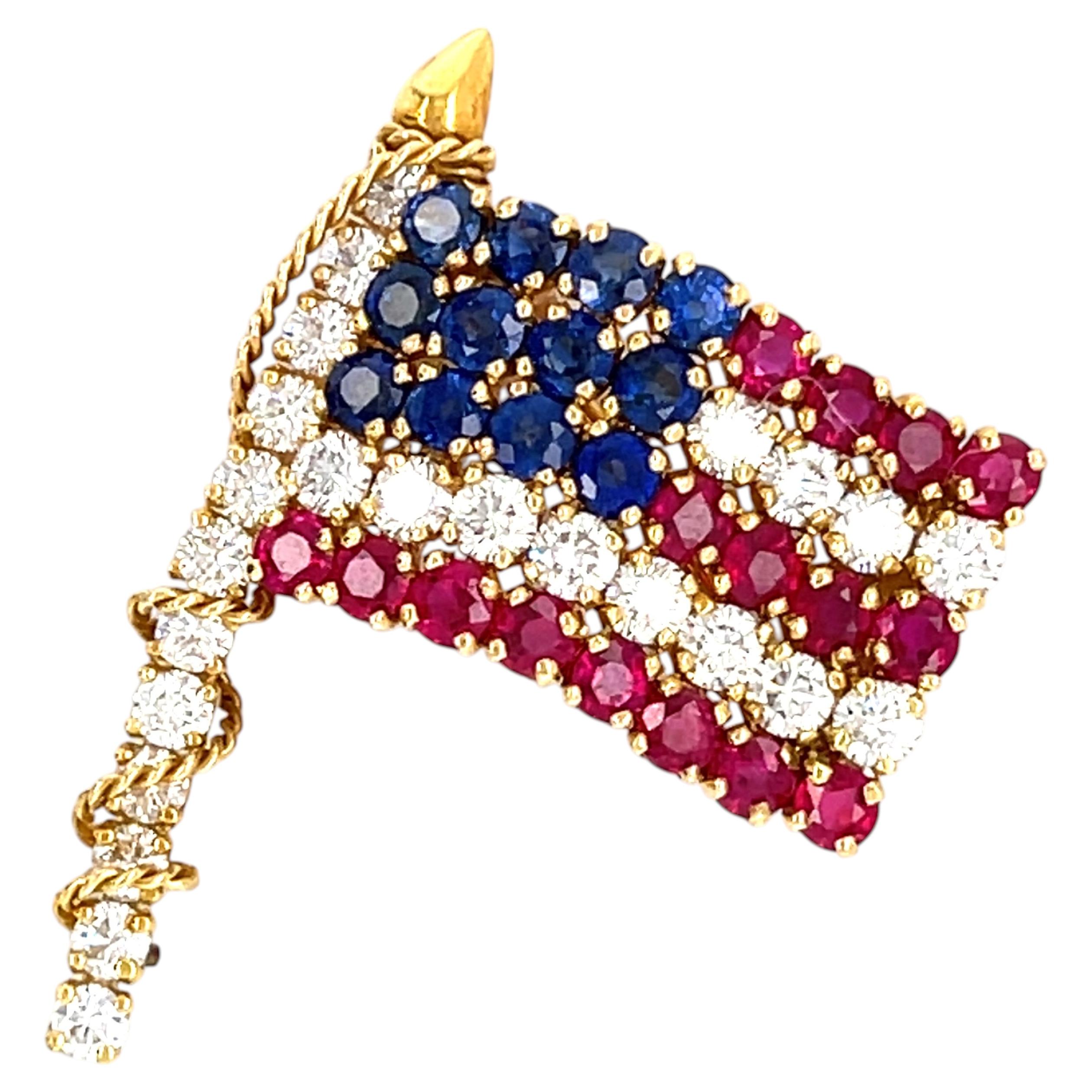Van Cleef & Arpels 18k Yellow Gold Diamond, Ruby, Sapphire American Flag Brooch