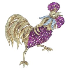 Tiffany & Co. 18k Yellow Gold and Platinum Ruby and Diamond Rooster Brooch
