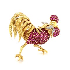 Tiffany & Co. 18k Yellow Gold and Platinum Ruby and Diamond Rooster Brooch