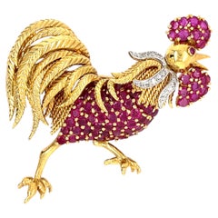 Tiffany & Co. 18k Yellow Gold and Platinum Ruby and Diamond Rooster Brooch