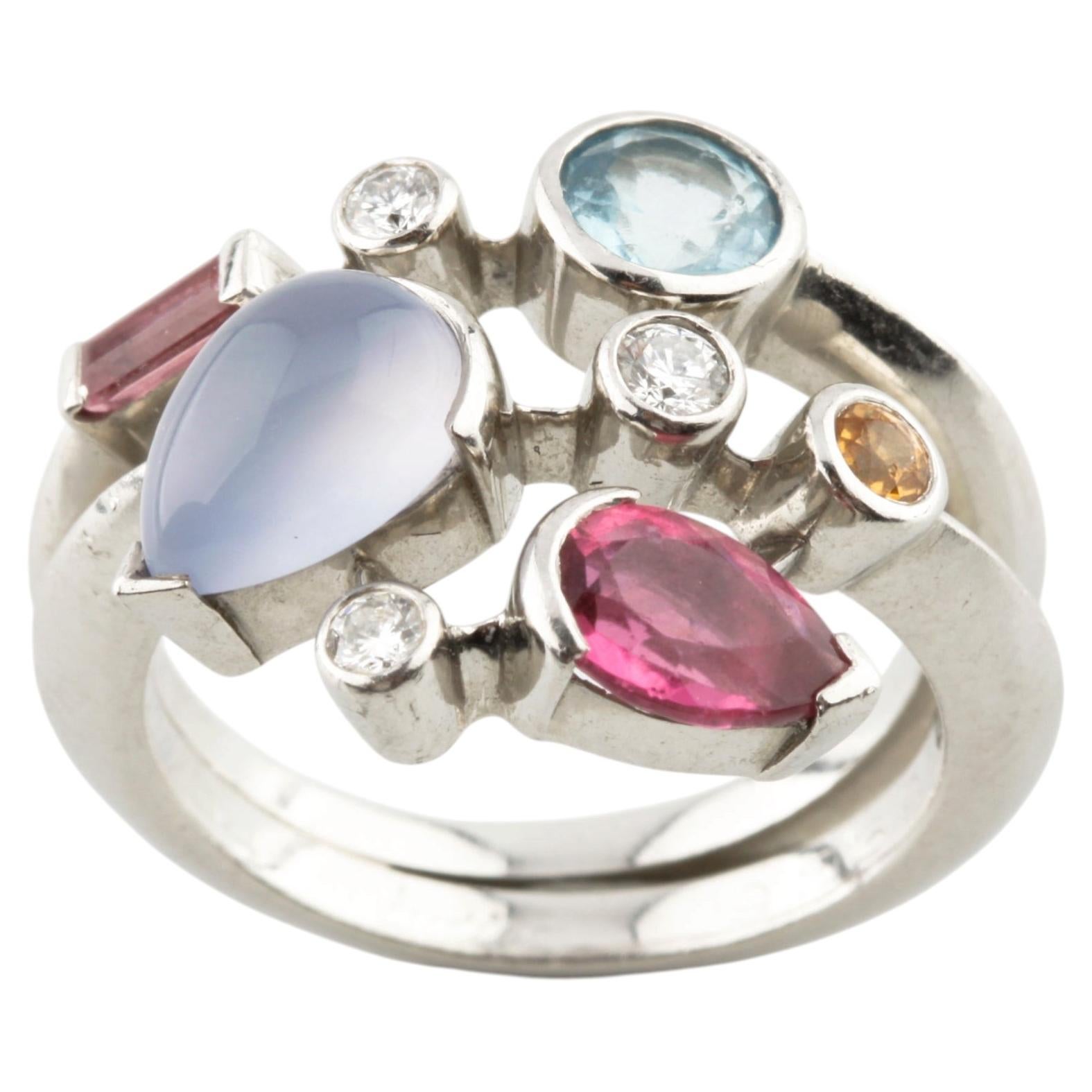 Cartier Vtg Meli Melo Platinum and Diamond & Gemstone Ring Size 54 c 1990s