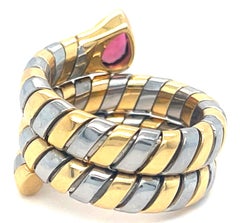 Bellissimo anello Bulgari Bvlgari Tubogas con tormalina rosa, oro e acciaio inossidabile