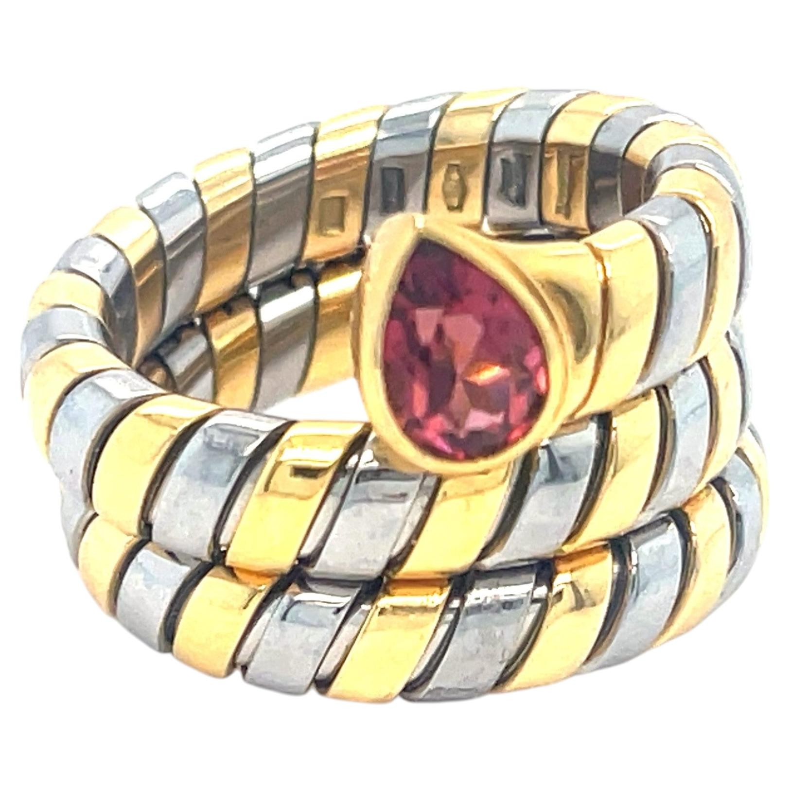 Magnifique bague Bulgari « Tubogas » en tourmaline rose, or et acier inoxydable