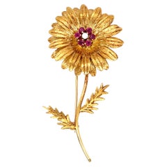 Tiffany and Co. Vintage 18K Yellow Gold Ruby & Diamond Sunflower Brooch