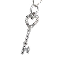 Tiffany & Co. 18K White Gold Mini Heart Key Pendant / Charm w/ Diamond Accents