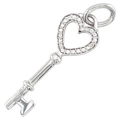 Tiffany & Co. 18K White Gold Mini Heart Key Pendant / Charm w/ Diamond Accents