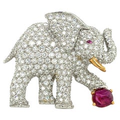 Oscar Heyman Platinum Elephant Brooch 10.3 ct Diamond, Sugarloaf Ruby