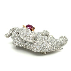 Oscar Heyman Platinum Elephant Brooch 10.3 ct Diamond, Sugarloaf Ruby