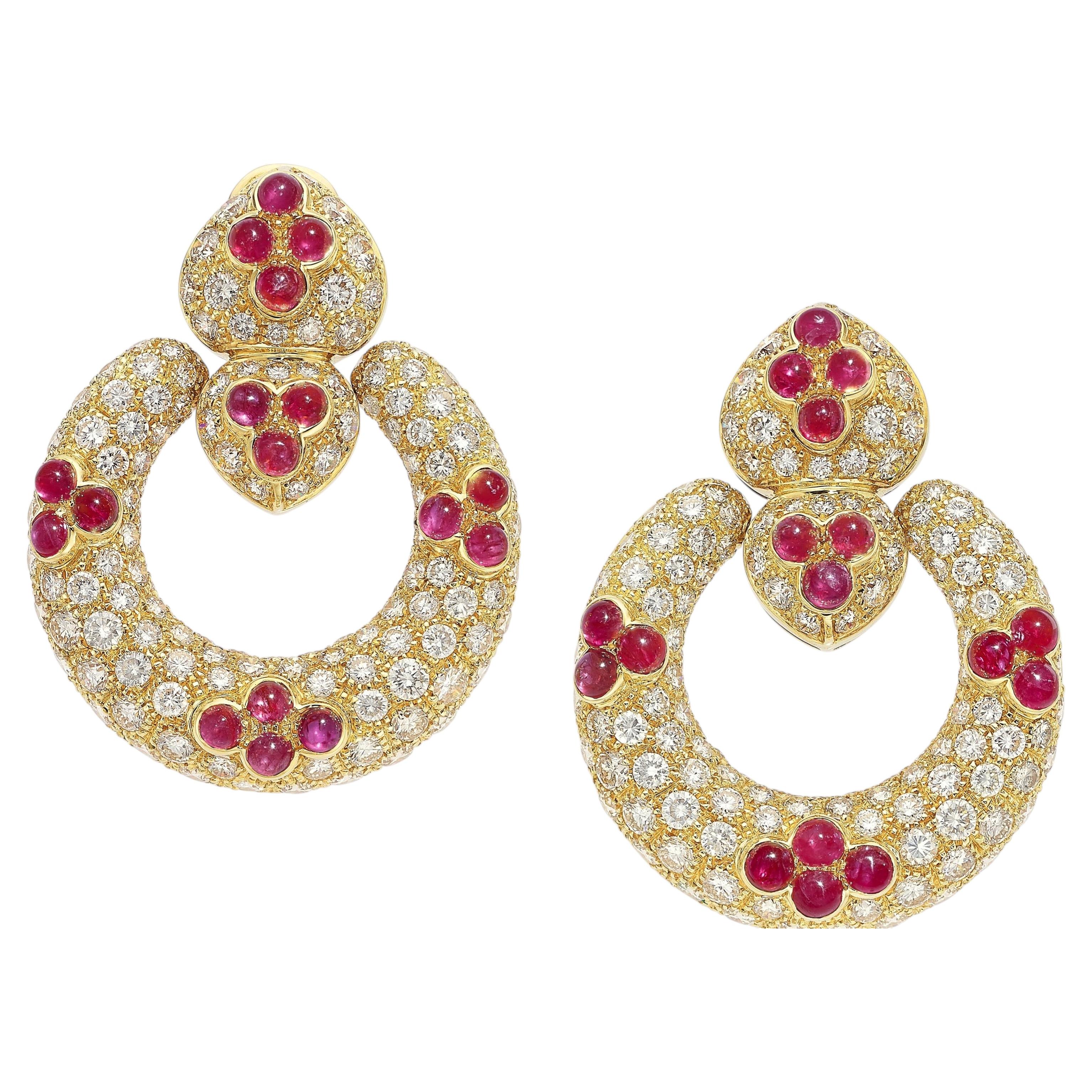 Giovane 18k Yellow Gold 15ctw Diamond and Ruby 2 7/8" Doorknocker Earrings 48g For Sale
