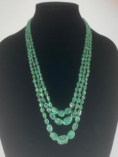Gorgeous Polished Emerald Three-Strand Necklace w/14k Gold Diamond Clasp 400 ct