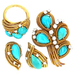 David Webb 18k Rose Gold Turquoise and Diamond Jewelry Suite
