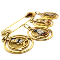 Whimsical Disney Inspired 18k Yellow Gold Diamond Brooch w/Charms 108.90gr