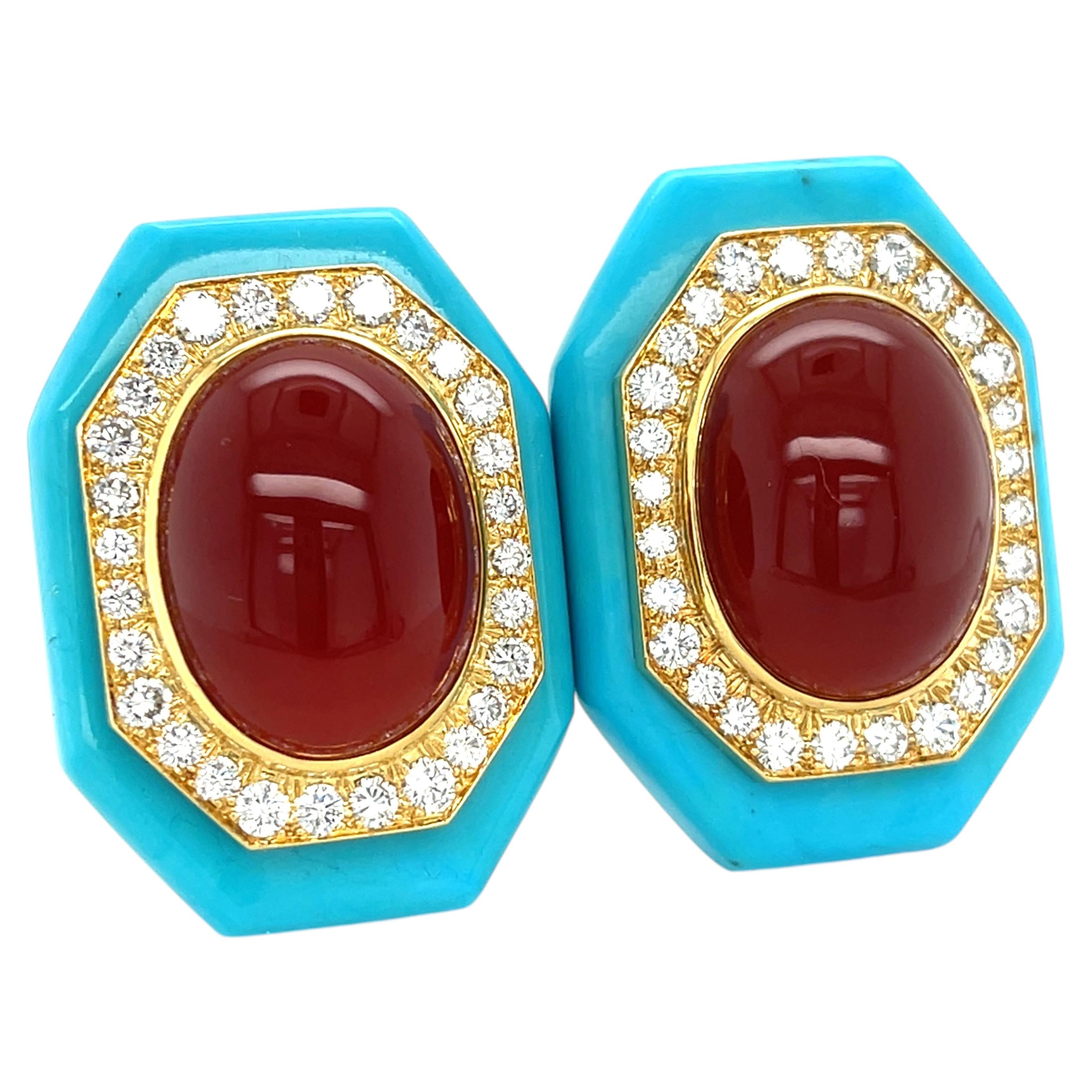 Pre-owned David Webb 18k Gold Turquoise, Carnelian, And Diamond Earrings W/ Coa In Multiple