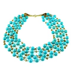 Collier à 5 rangs en perles de turquoise « Sleeping Beauty », en or jaune 18 carats, 19"