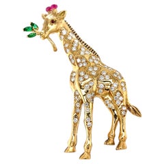 Oscar Heyman 18k Yellow Gold Giraffe Brooch w/ 2 ct Diamond, Emerald Acc, Ruby