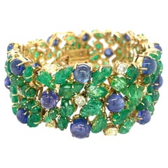 14k Gold Tanzanite Cabochon and Carved Emerald Bracelet w/ 2.85 ct Diamonds 7.5"