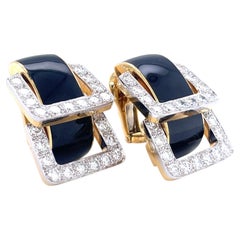 David Webb Platinum & 18k Yellow Gold Onyx Diamond Doorknocker "Strap" Earrings