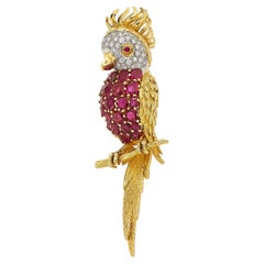Broche de cacatúa de oro amarillo de 18 quilates, vintage de Sannit, Stein & Stein, con rubí de 5,25 ct y diamantes