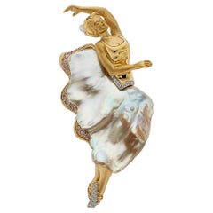 Avi A&Z 18k Yellow Gold Cultured Pearl Ballerina Brooch w/ Pink & White Diamond
