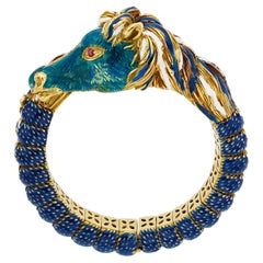 Frascarolo 18k Yellow Gold Diamond, Ruby, and Enamel Horse Bangle 1960s