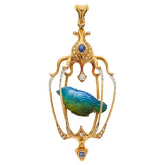 Balogh Carved Opal Star Sapphire Diamond 18k Yellow Gold Caged Bird Pendant