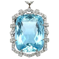 Share Platinum 60 carat Aquamarine Pendant with 1.15 ct Accent Diamonds and 17"