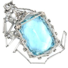 Share Platinum 60 carat Aquamarine Pendant with 1.15 ct Accent Diamonds and 17"
