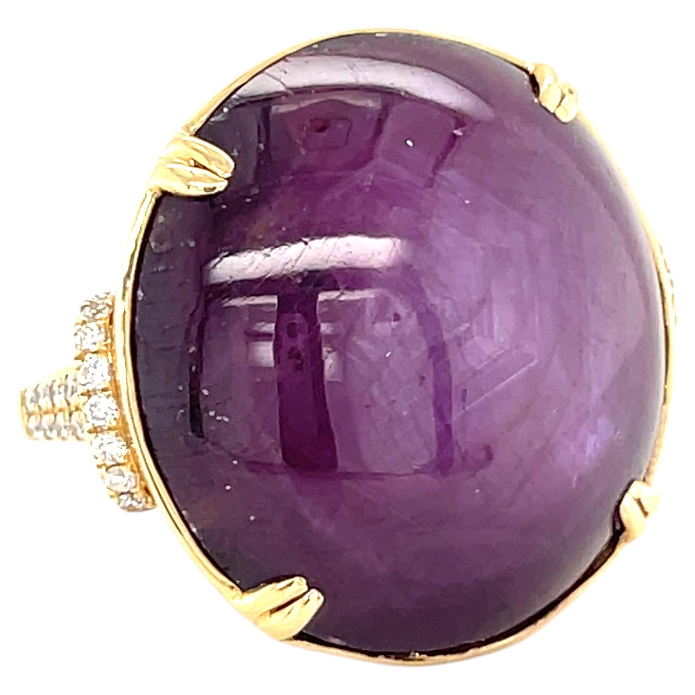 14k Yellow Gold 56.81 Ct Star Ruby Solitaire Ring with Diamond Accents Size 7 For Sale
