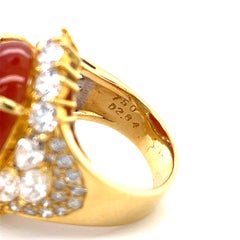 Gorgeous 18k Yellow Gold 16.33 ct Red Jade Cabochon Ring w/ 2.84 ct Diamond