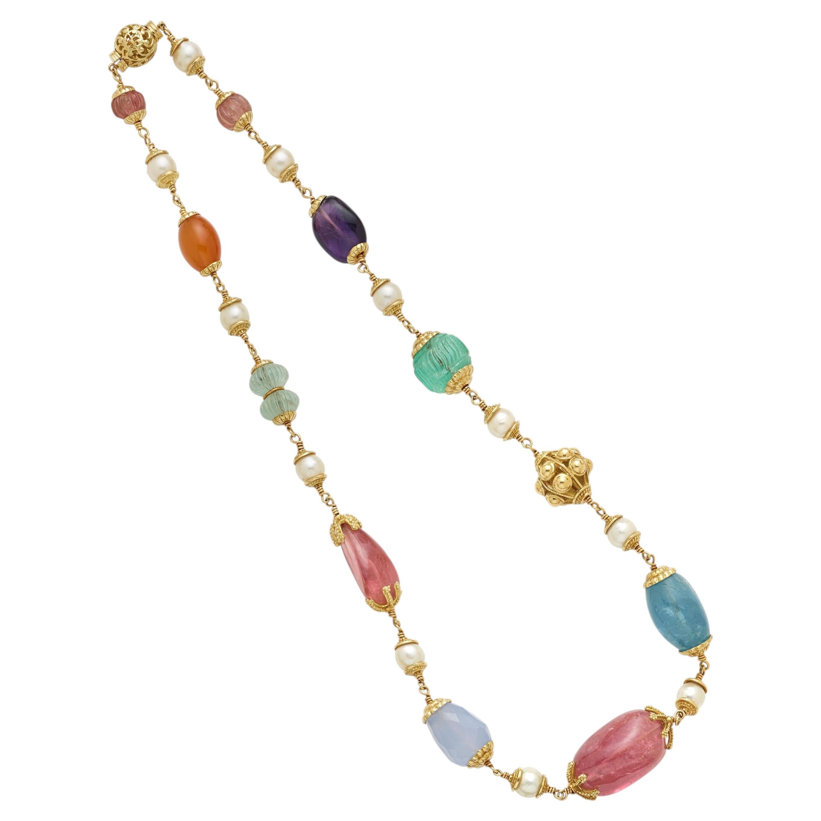 Seaman Schepps 18k Yellow Gold Multi-Baroque Pearl and Gem Necklace For Sale