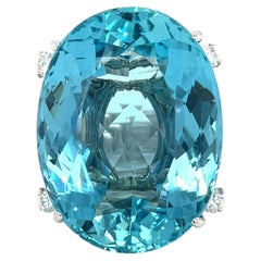 14k White Gold Oval 60.05 ct Aquamarine Ring w/ 0.55 ct Dia Accents Sz 6.5