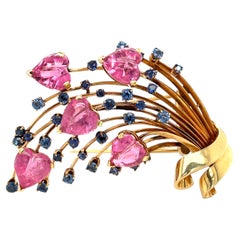 14k Yellow Gold Trabert & Hoeffer Mauboussin Heart Tourmaline Sapphire Brooch