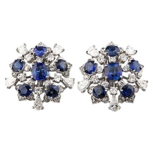 11.60 carat Blue Sapphire and Diamond 18k White Gold Cluster Earrings